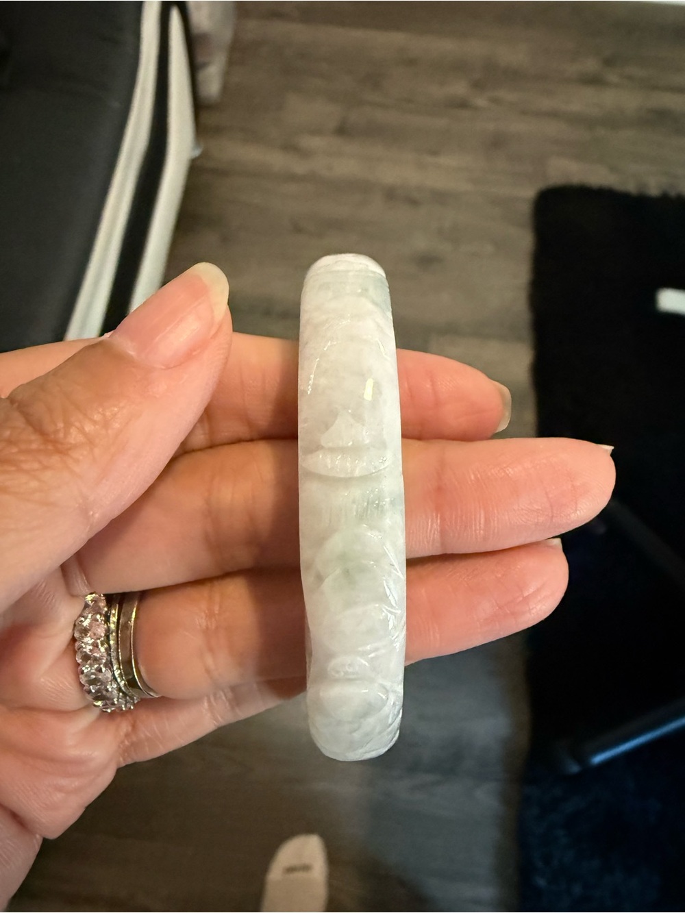 Green and White Carved Jadeite Bangle Bracelet - with carved center cutout - Picture 2 of 6